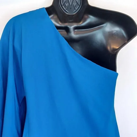 NICOLE MILLER 0 Blue One Shoulder Waterfall Sleeve Dress Lined Special Occasion - Picture 11 of 15